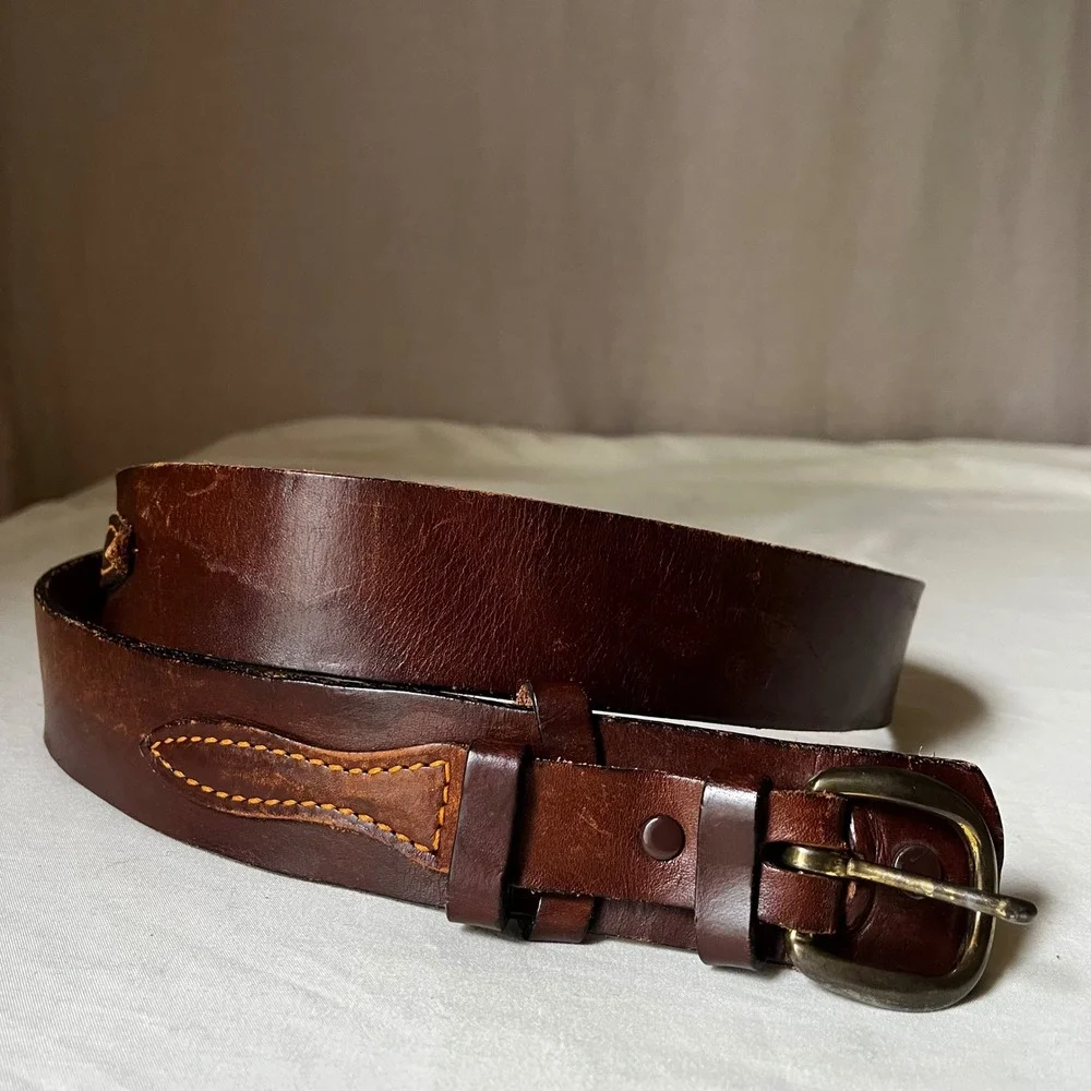 Vintage Brown Leather Ranger Belt Brass Buckle Western Distressed 1.75